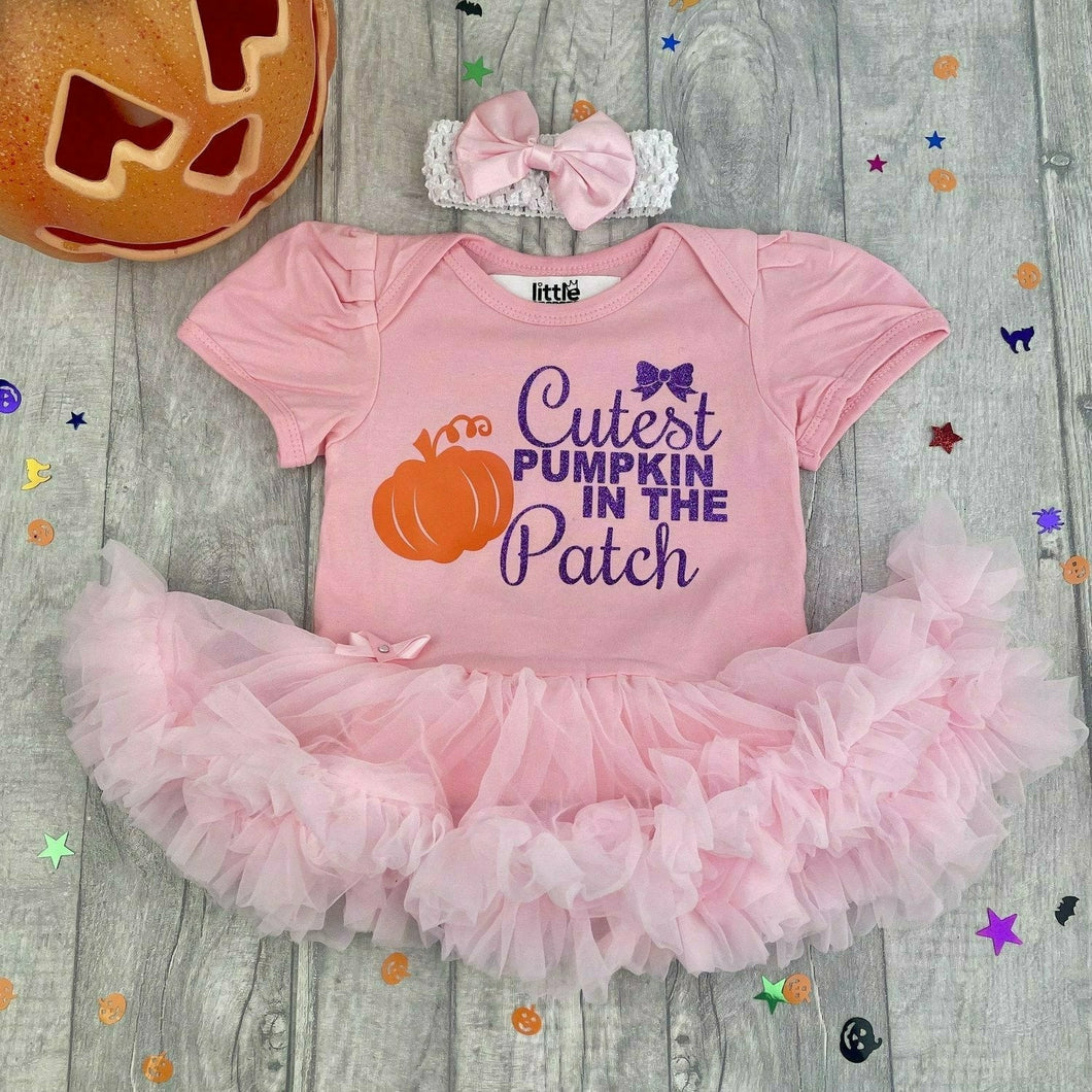 'Cutest Pumpkin In The Patch' Baby Girl Tutu Romper With Matching Bow Headband, Halloween Thanksgiving