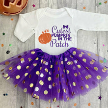 Load image into Gallery viewer, &#39;Cutest Pumpkin In The Patch&#39; Long Sleeve Romper Halloween Set With Matching Purple Polka Dot Tutu Skirt
