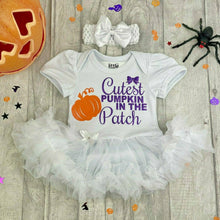 Load image into Gallery viewer, &#39;Cutest Pumpkin In The Patch&#39; Baby Girl Tutu Romper With Matching Bow Headband, Halloween Thanksgiving
