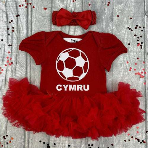 Baby Girls Wales, Cymru Football World Cup Red Tutu Romper Dress with white design and matching red headband. - Little Secrets Clothing