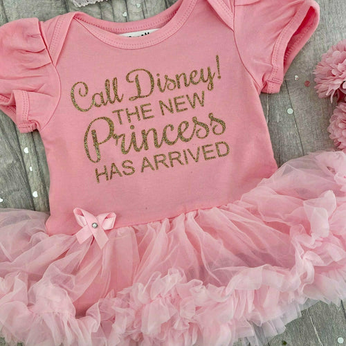 Call Disney! The New Princess Has Arrived Baby Girl Light Pink Tutu Romper With Matching Bow Headband