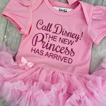 Load image into Gallery viewer, Call Disney! The New Princess Has Arrived Baby Girl Light Pink Tutu Romper With Matching Bow Headband
