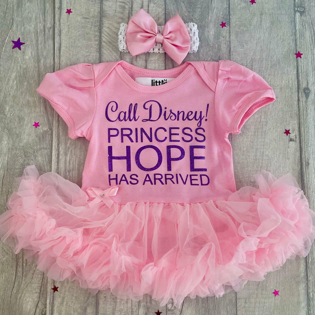 Call Disney! Princess... Has Arrived Personalised Baby Girl Tutu Romper With Headband, Purple Glitter Design