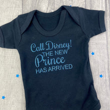 Load image into Gallery viewer, Call Disney! The New Prince Has Arrived Baby Boy Short Sleeved Romper, Blue Text
