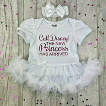 Load image into Gallery viewer, Call Disney! The New Princess Has Arrived Baby Girl Tutu Romper With Matching Bow Headband
