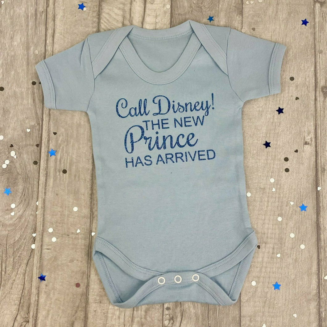Call Disney! The New Prince Has Arrived Baby Boy Short Sleeved Romper, Blue Text - Little Secrets Clothing