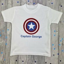 Load image into Gallery viewer, WORLD BOOK DAY! Personalised Captain America T-Shirt, Marvel Inspired Avengers Boy&#39;s Short Sleeve White Top
