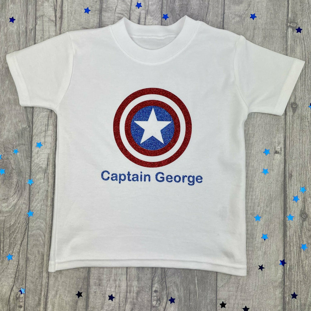 WORLD BOOK DAY! Personalised Captain America T-Shirt, Marvel Inspired Avengers Boy's Short Sleeve White Top