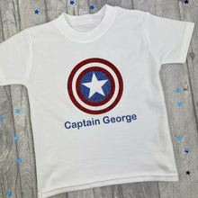 Load image into Gallery viewer, WORLD BOOK DAY! Personalised Captain America T-Shirt, Marvel Inspired Avengers Boy&#39;s Short Sleeve White Top
