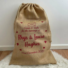 Load image into Gallery viewer, Personalised Hessian Envelope &amp; Hearts Mr &amp; Mrs Wedding Card &amp; Gift Sack
