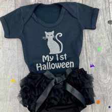 Load image into Gallery viewer, Baby Girl 1st Halloween Cat Outfit, Black Romper &amp; Bloomer Shorts - Little Secrets Clothing
