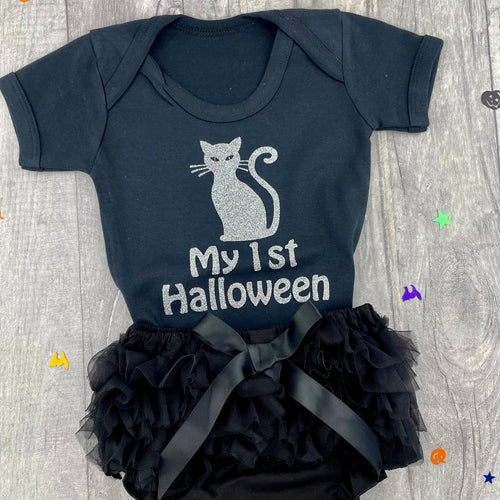Baby Girl 1st Halloween Cat Outfit, Black Romper & Bloomer Shorts - Little Secrets Clothing