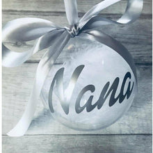 Load image into Gallery viewer, Nana Christmas Personalised Bauble filled with white feathers
