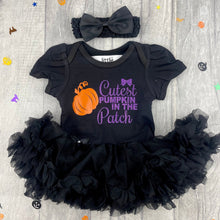 Load image into Gallery viewer, Baby Girl Pumpkin Tutu Romper &quot;Cutest Pumpkin In The Patch&quot; with matching headband - Little Secrets Clothing
