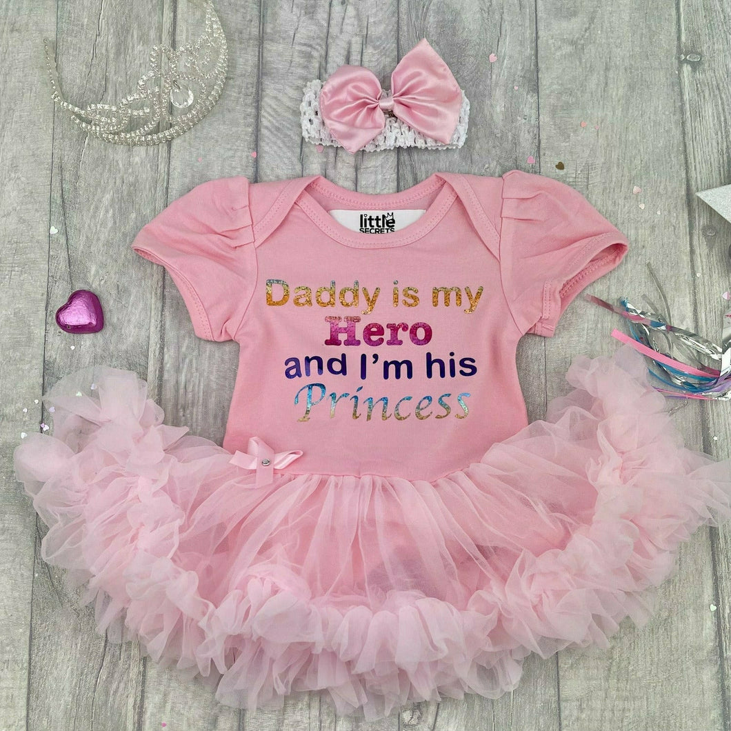 'Daddy Is My Hero And I'm His Princess' Baby Girl Tutu Romper With Matching Bow Headband
