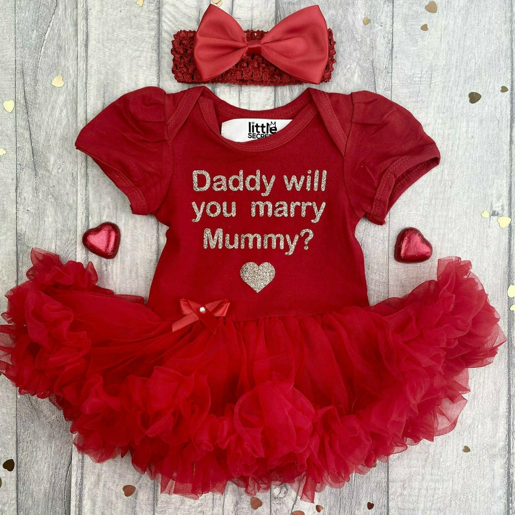 'Daddy Will You Marry Mummy?' Baby Girl Tutu Romper With Matching Bow Headband, Wedding, Engagement