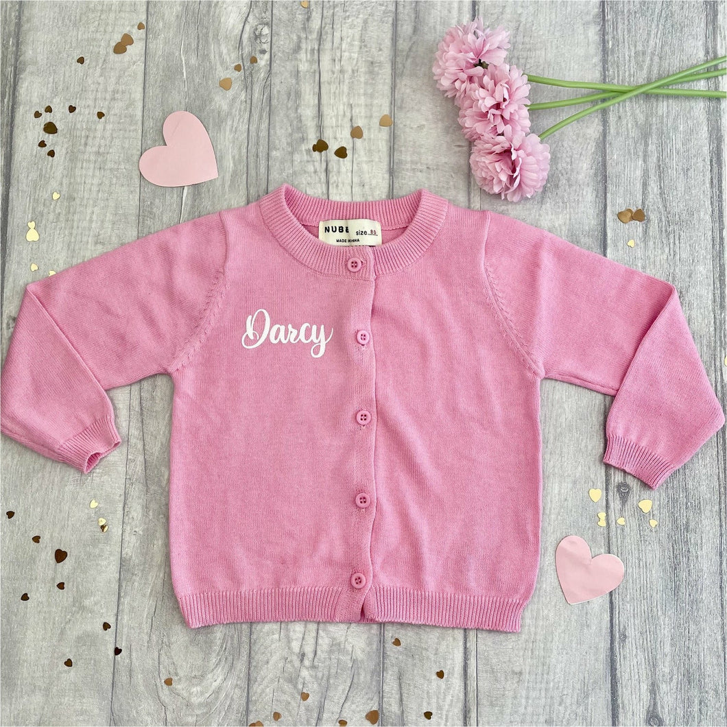 Personalised Pink Baby Girl Cotton Cardigan, White Glitter Text 