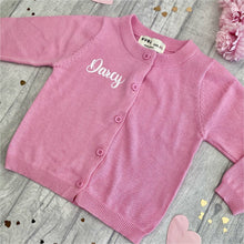 Load image into Gallery viewer, Personalised Pink Baby Girl Cotton Cardigan, White Glitter Text 

