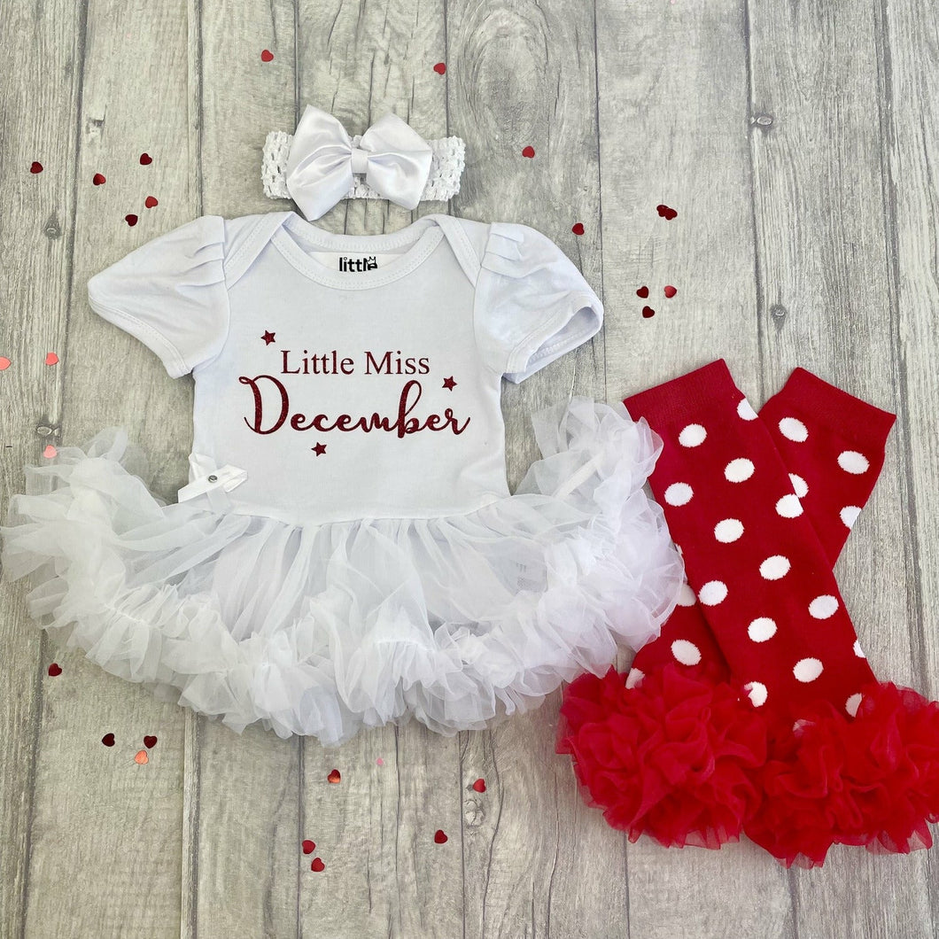 Little Miss December Baby Girl Tutu Romper With Matching Bow Headband and Spotty Legwarmers, Christmas Baby Outfit