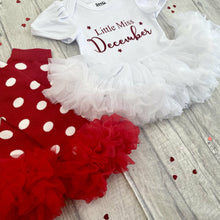 Load image into Gallery viewer, Little Miss December Baby Girl Tutu Romper With Matching Bow Headband and Spotty Legwarmers, Christmas Baby Outfit

