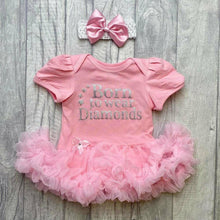 Load image into Gallery viewer, &#39;Born To Wear Diamonds&#39; Baby Girl Tutu Romper With Matching Bow Headband

