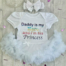 Load image into Gallery viewer, &#39;Daddy Is My Hero And I&#39;m His Princess&#39; Baby Girl Tutu Romper With Matching Bow Headband

