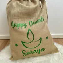 Load image into Gallery viewer, Personalised &#39;Happy Diwali&#39; Hessian Celebration Gift Sack, Hindu Celebration Gifts
