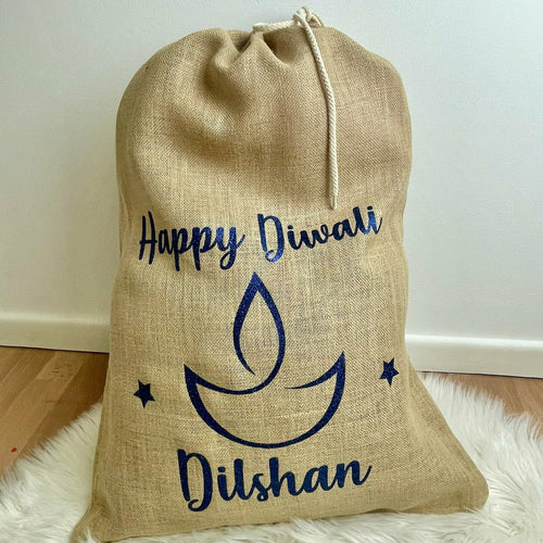Personalised 'Happy Diwali' Hessian Celebration Gift Sack, Hindu Celebration Gifts