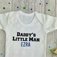 Load image into Gallery viewer, Personalised &#39;Daddy&#39;s Little Man&#39; White Baby Boy Short Sleeve Romper, With Black and Light Blue Glitter Design
