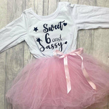 Load image into Gallery viewer, &#39;Sweet 6 And Sassy&#39; Crown And Hearts 6th Birthday Girl&#39;s Light Pink Long Sleeved Stripe Tutu Dress

