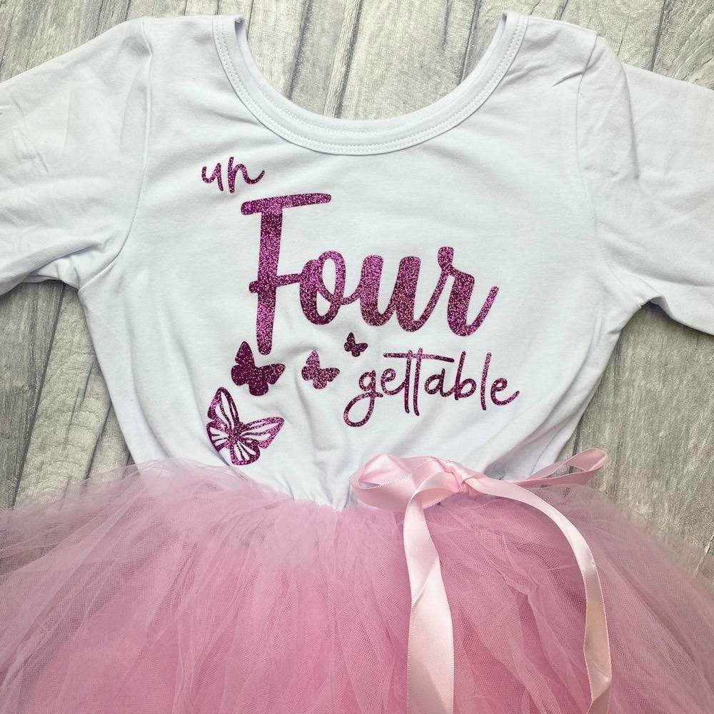 'Un-Four-Gettable' Butterfly 4th Birthday Girl's Light Pink Long Sleeved Stripe Tutu Dress