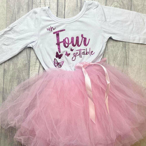 'Un-Four-Gettable' Butterfly 4th Birthday Girl's Light Pink Long Sleeved Stripe Tutu Dress