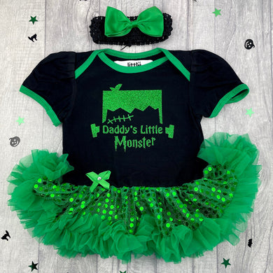 Daddy's Little Monster Baby Girl Sequin Tutu Romper With Headband, Frankenstein Halloween