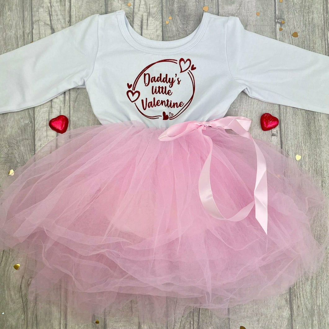 'Daddy's Little Valentine' Girls White & Pink Long Sleeve Tutu Dress, With Hearts