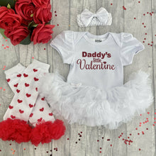 Load image into Gallery viewer, Daddy&#39;s Little Valentine Baby Girl White Tutu Romper With Matching Bow Headband And Red Heart Leg Warmers
