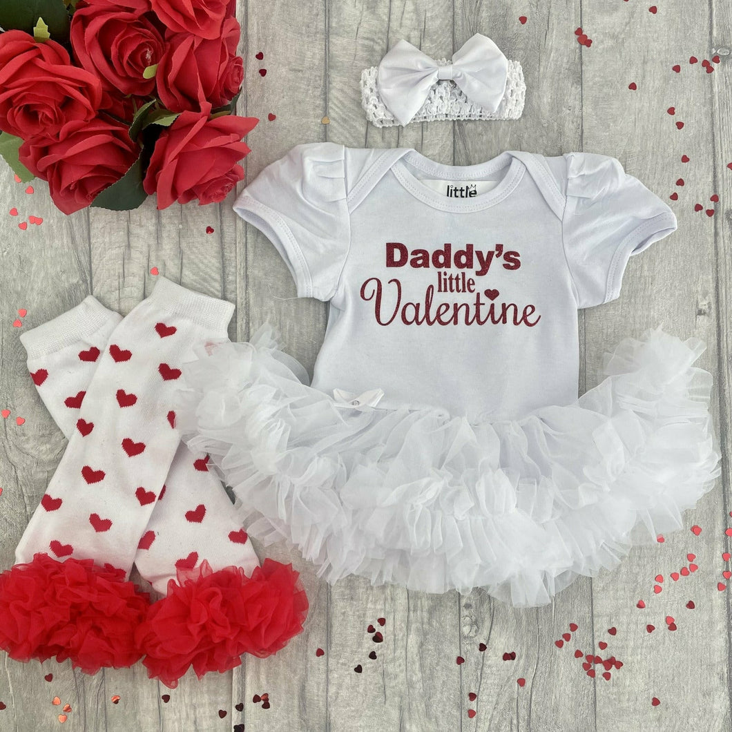 Daddy's Little Valentine Baby Girl White Tutu Romper With Matching Bow Headband And Red Heart Leg Warmers