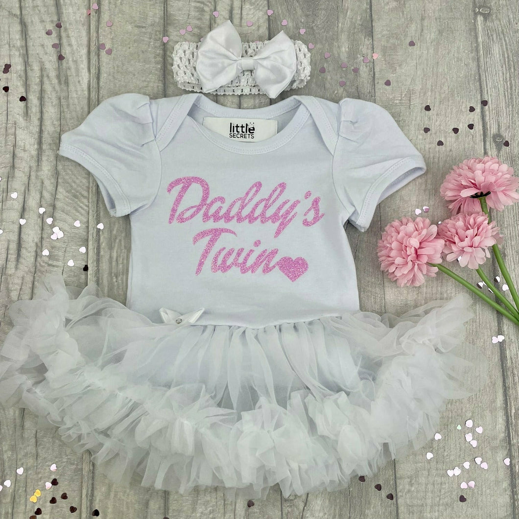 'Daddy's Twin' Baby Girl Tutu Romper With Matching Bow Headband
