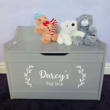 Load image into Gallery viewer, Children&#39;s Wooden Toy Box with Personalised Wreath Design
