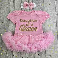 Load image into Gallery viewer, Daughter Of A Queen Baby Girl Tutu Romper With Matching Bow Headband
