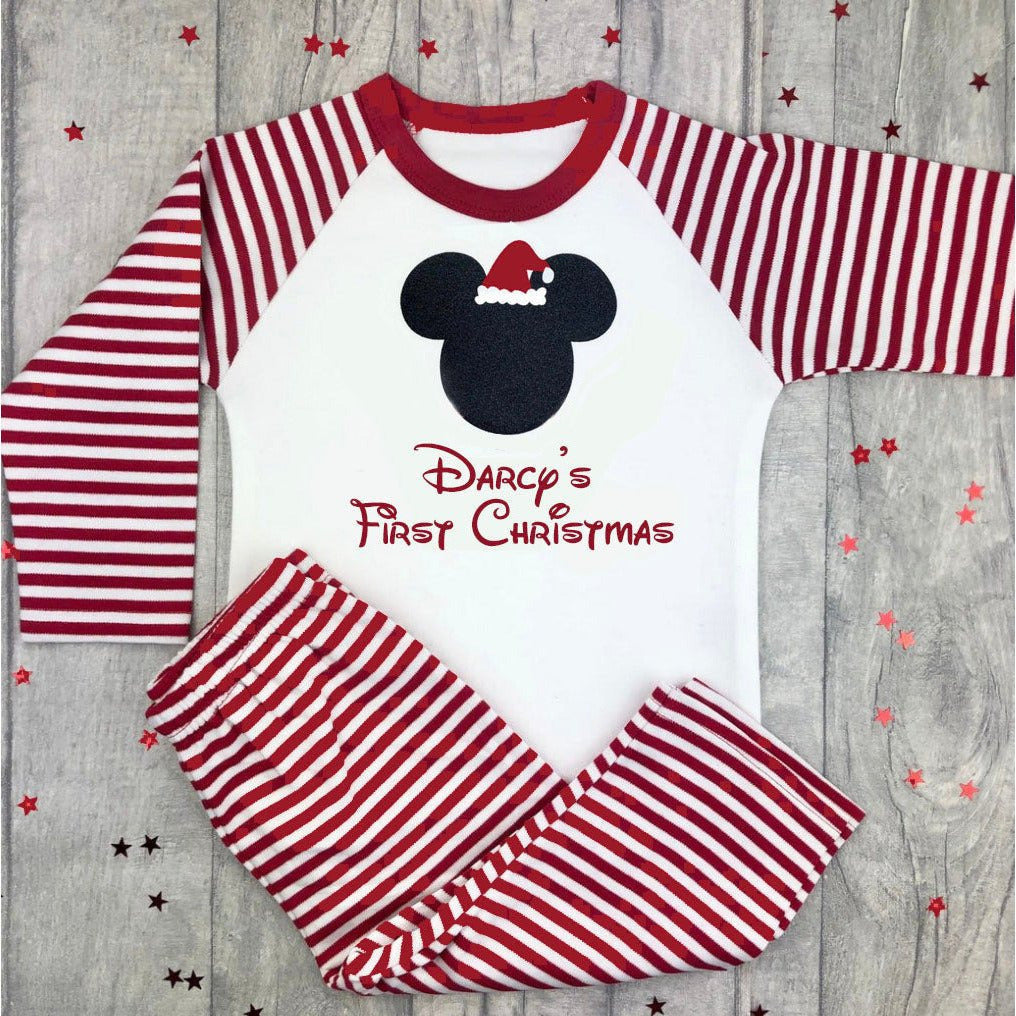 Disney First Christmas Pyjamas, Personalised Red & White Stripe Pjs - Little Secrets Clothing