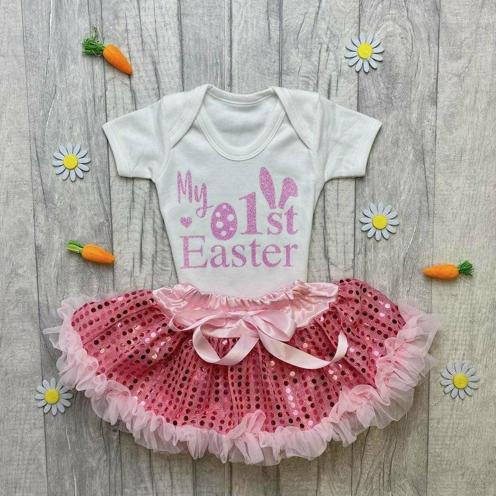 'My 1st Easter' Girl Boy White Short Sleeved Romper And Pink Sequin Tutu Skirt, Bunny Ears