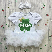 Load image into Gallery viewer, Personalised &#39;Shamrock&#39; St Patrick&#39;s Day Tutu Romper With Matching Bow Headband
