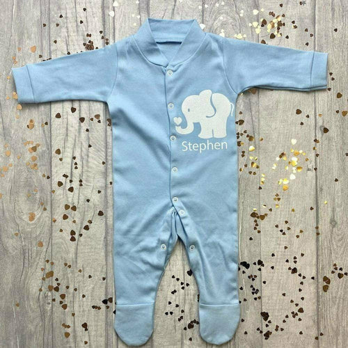 Personalised Baby Girls / Boys Pink or Blue Elephant Sleep Suit 