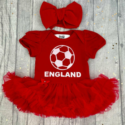 Baby Girl Tutu Romper, England, The Three Lions, Football Dress Featuring a white football with text underneath. Including a matching red clip headband bow.