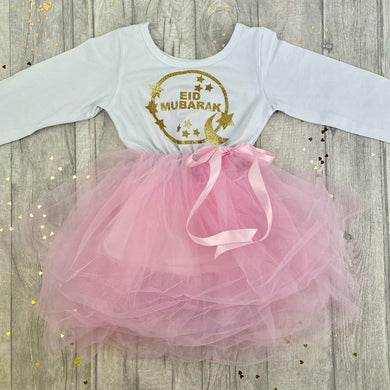 Eid Mubarak White & Pink Long Sleeved Tutu Dress