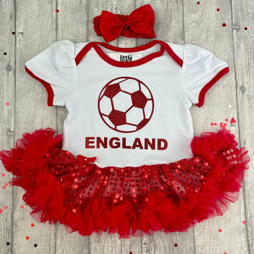 England, Baby Girl red & white Tutu Romper with red football design and matching red bow headband.
