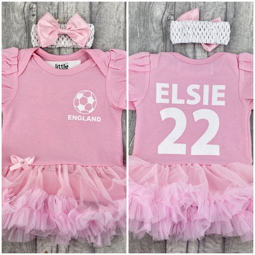 Personalised England Football Tutu Romper Pink tutu with  white and pink headband, white england football design on front with name and number  on back.