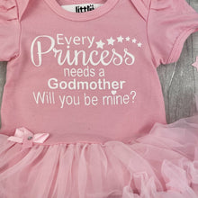 Load image into Gallery viewer, &#39;Every Princess Needs A Godmother, Will You Be Mine?&#39; Baby Girl Tutu Romper, With Matching Bow Headband, White Glitter Design
