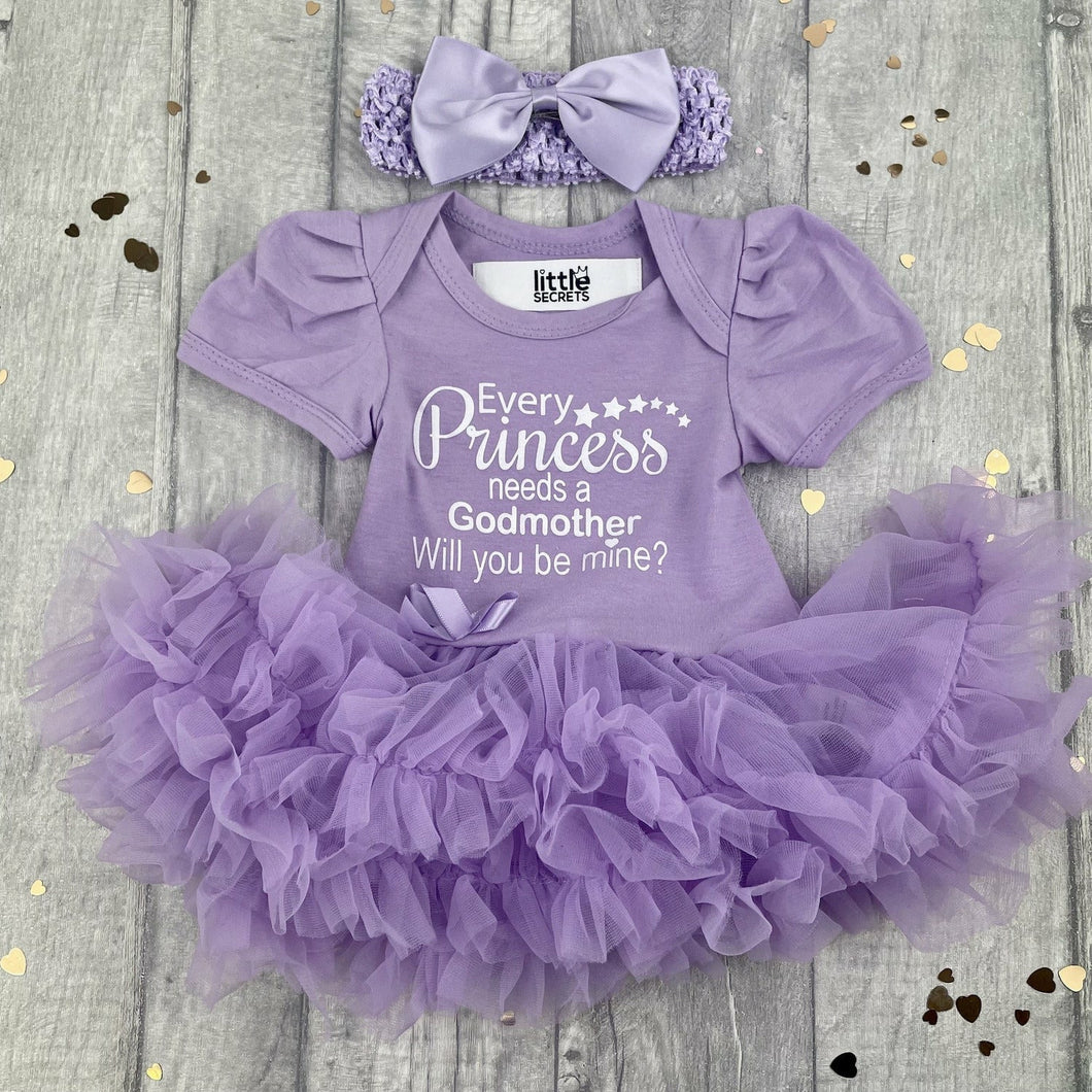 'Every Princess Needs A Godmother, Will You Be Mine?' Baby Girl Tutu Romper, With Matching Bow Headband, White Glitter Design