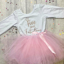 Load image into Gallery viewer, &#39;Five And Fabulous&#39; Crown 5th Birthday Girl&#39;s Light Pink Long Sleeved Stripe Tutu Dress
